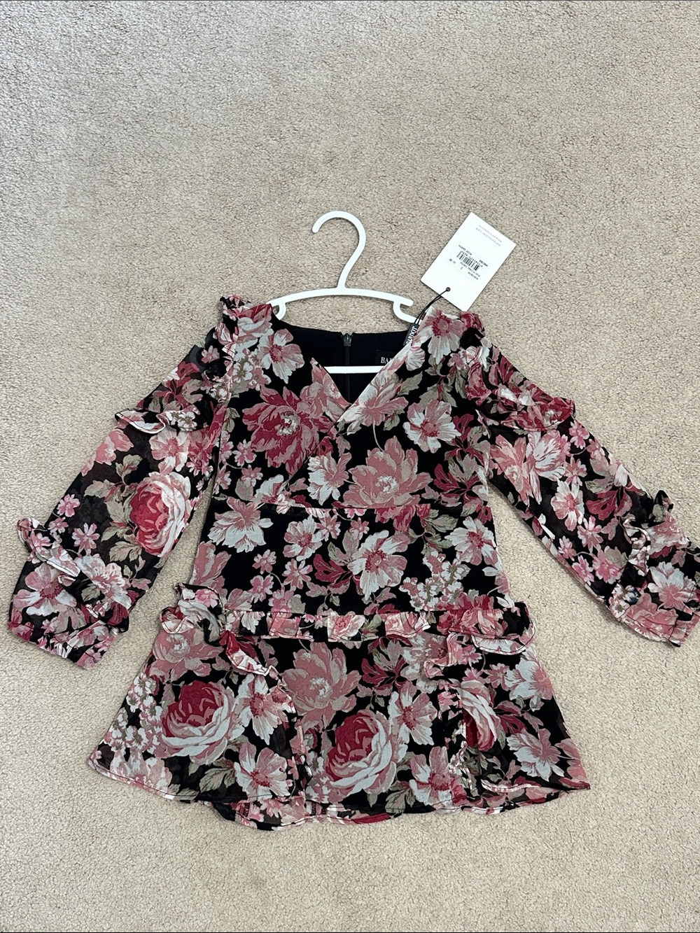 Bardot Junior Black Floral V-Neck Ruffle Long Sleeve Dress